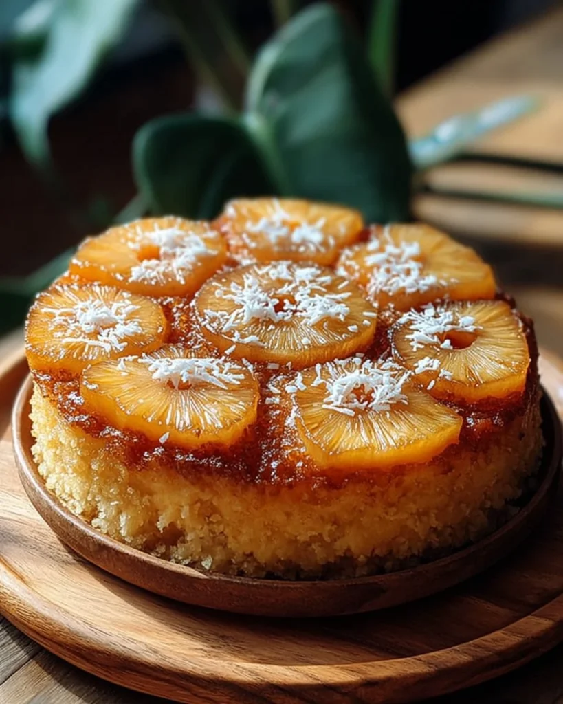 Golden Pineapple Upside Down Semolina Cake with caramelized pineapple slices