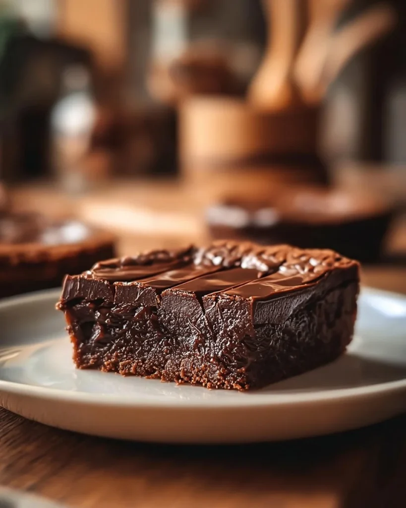 Delicious gooey brownie pie served on a plate with chocolate toppings