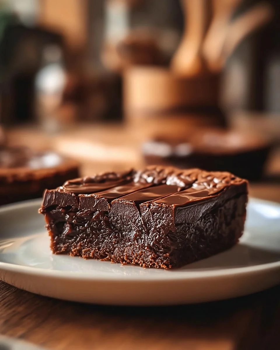 Delicious gooey brownie pie served on a plate with chocolate toppings