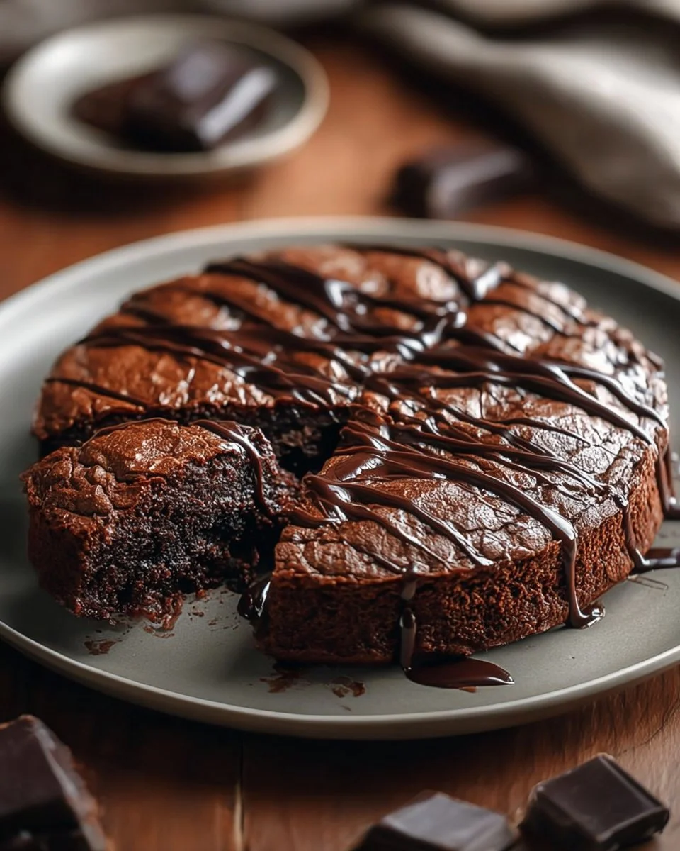 Decadent gooey brownie pie topped with chocolate drizzle