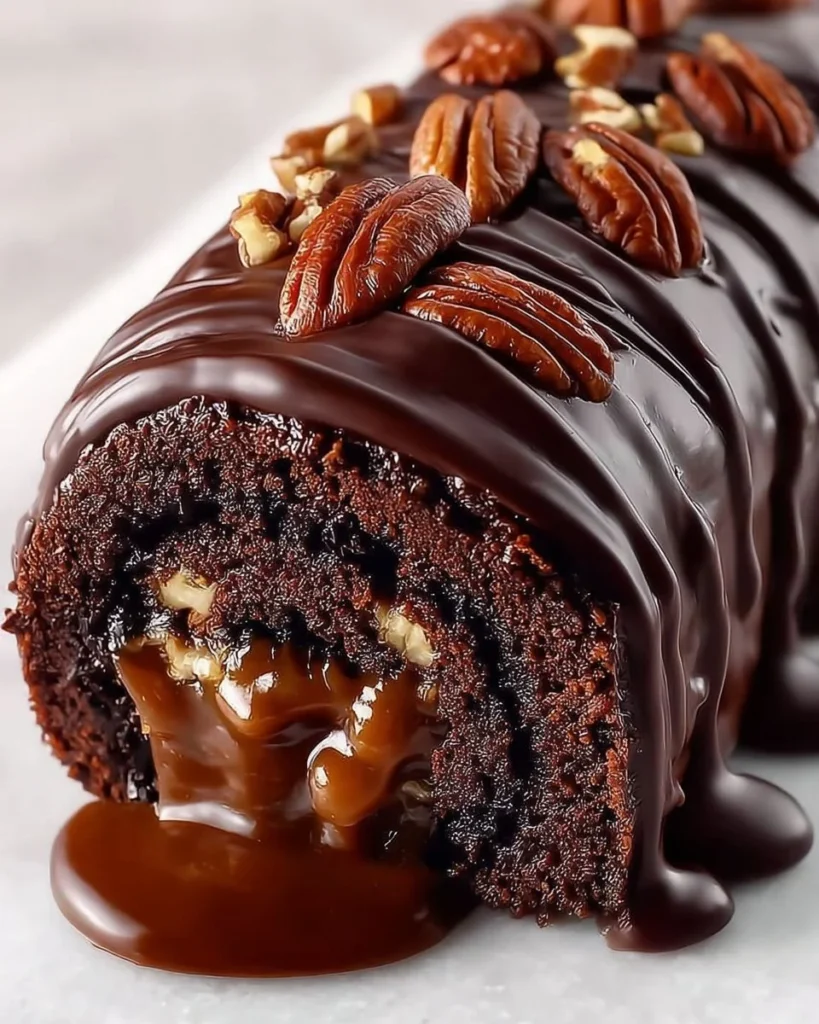Gooey chocolate caramel turtle cake roll, a decadent dessert with chocolate and caramel.