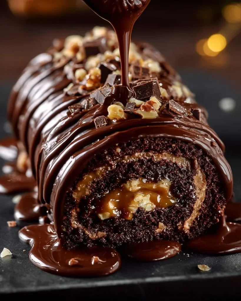 Gooey chocolate caramel turtle cake roll topped with chocolate and caramel drizzle