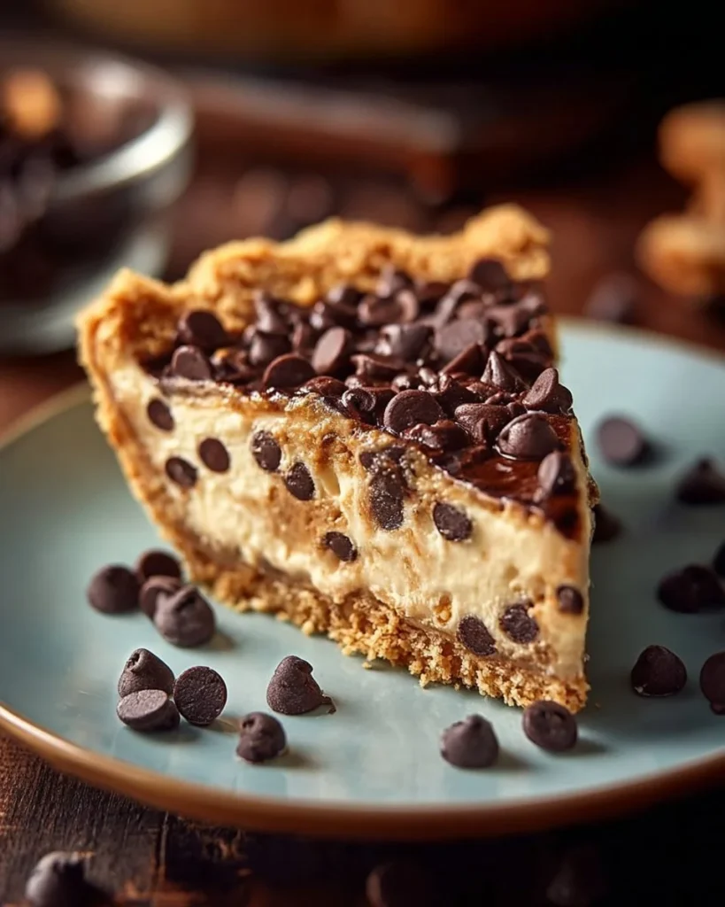 Gooey chocolate chip pie with melted chocolate and golden crust