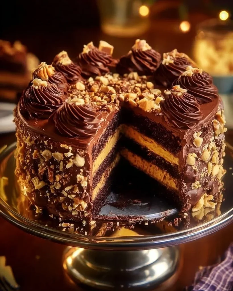 Gooey chocolate hazelnut caramel layer cake with rich icing and garnish.
