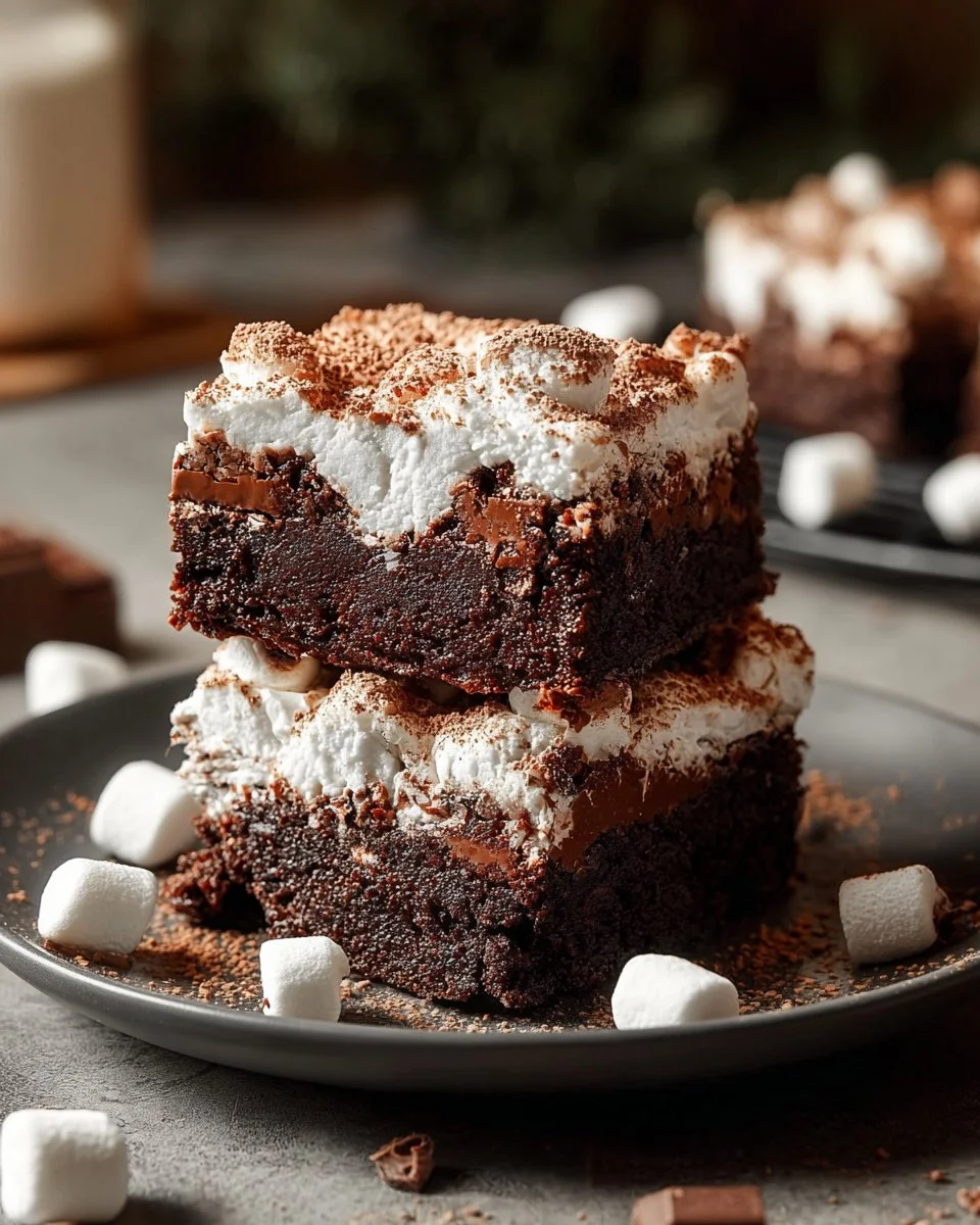 Gooey chocolate brownies with marshmallow topping on a plate