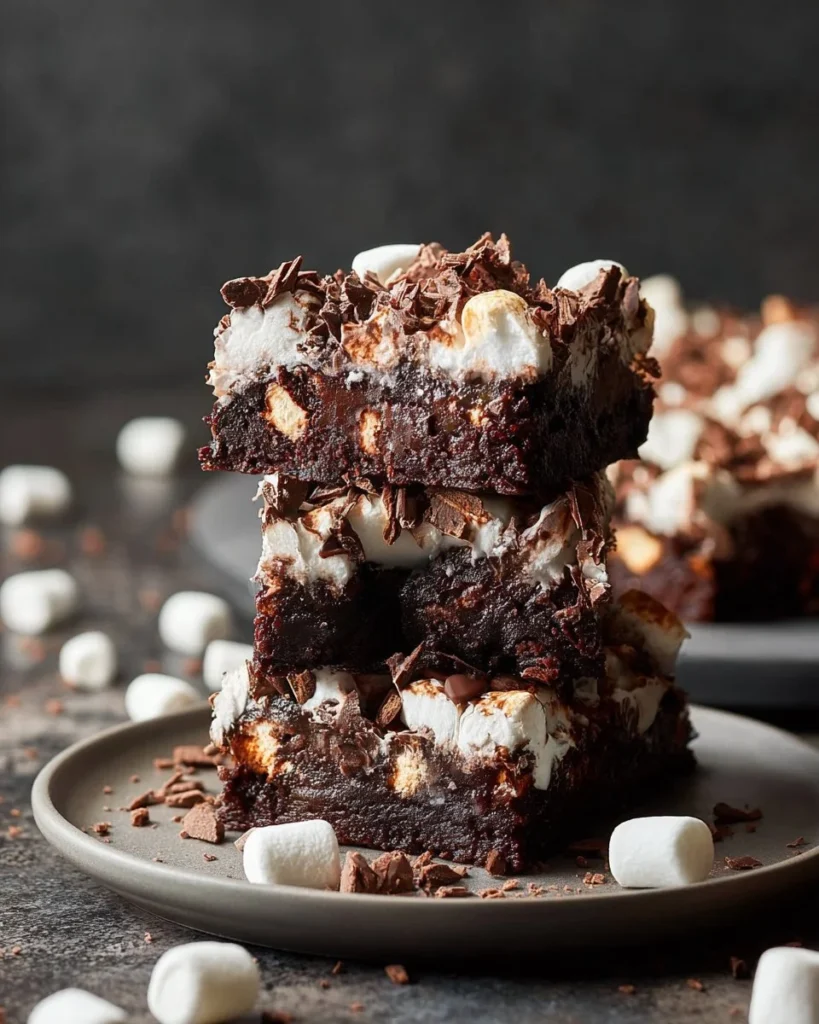 Delicious gooey chocolate marshmallow brownies freshly baked on a plate.
