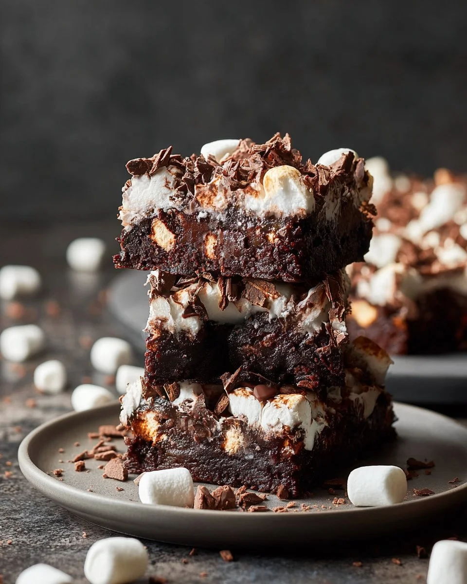 Delicious gooey chocolate marshmallow brownies freshly baked on a plate.