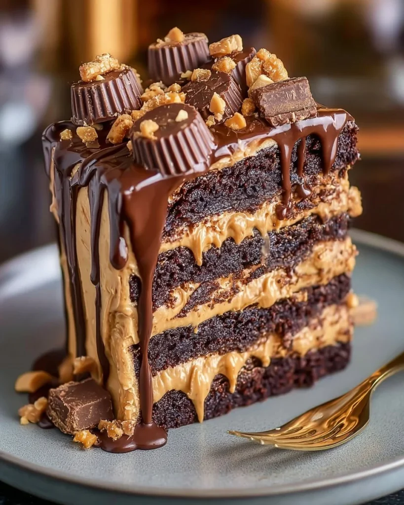 Gooey peanut butter chocolate cake topped with creamy frosting and peanut chunks.