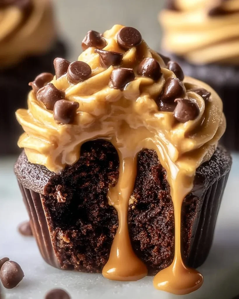 Gooey peanut butter lava cupcakes with rich chocolate sauce oozing from the center.