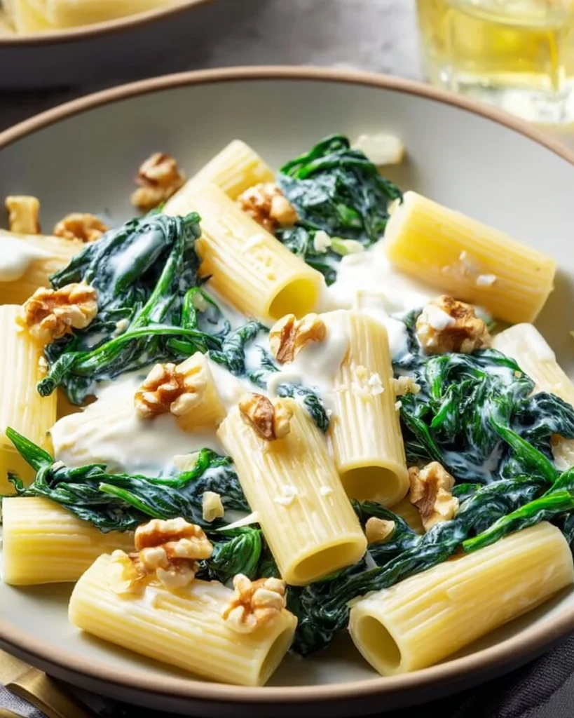 A plate of Gorgonzola Rigatoni pasta topped with herbs and cheese.