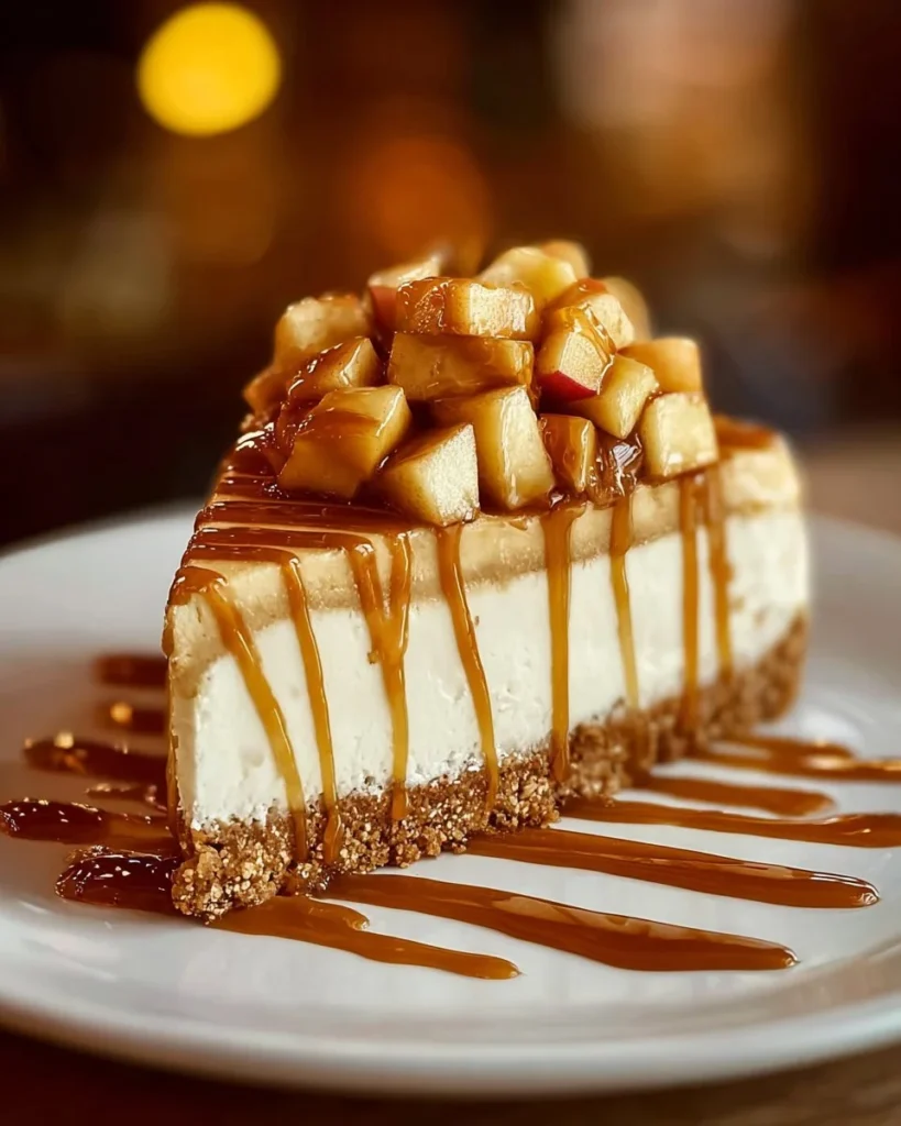Gourmet caramel apple cheesecake topped with caramel drizzle and apple slices