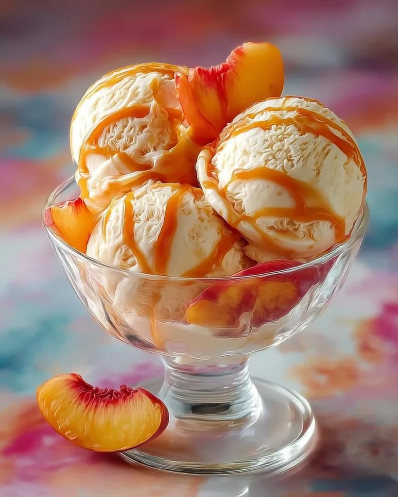 Delicious bowl of gourmet peach ice cream made with fresh peaches