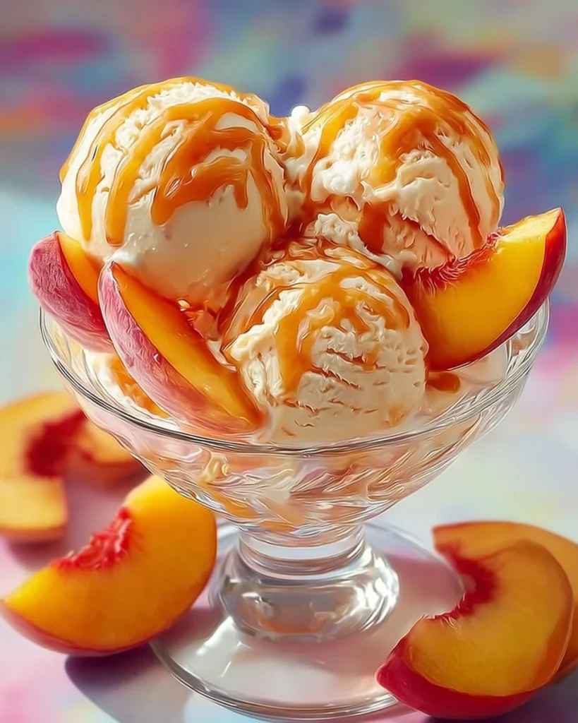 A bowl of gourmet peach ice cream topped with fresh peach slices