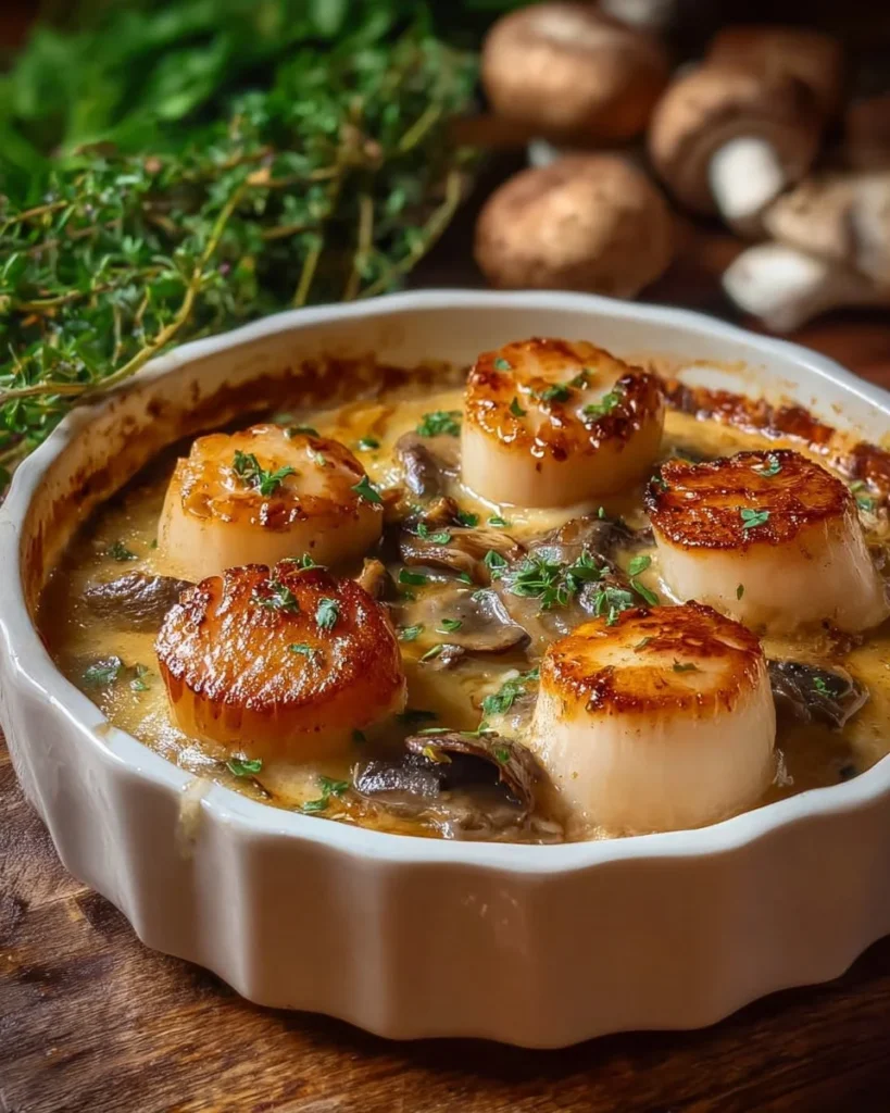 Delicious gourmet seafood cassolette served in a rustic dish