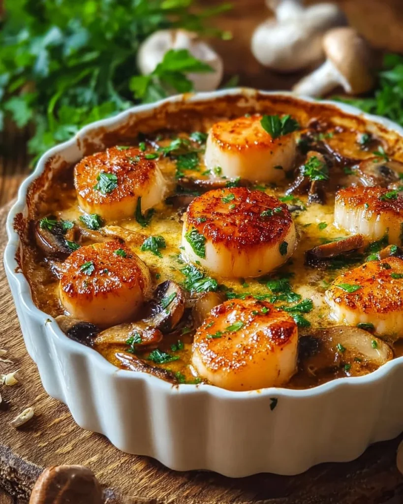 Gourmet seafood cassolette topped with herbs and served in a rustic dish