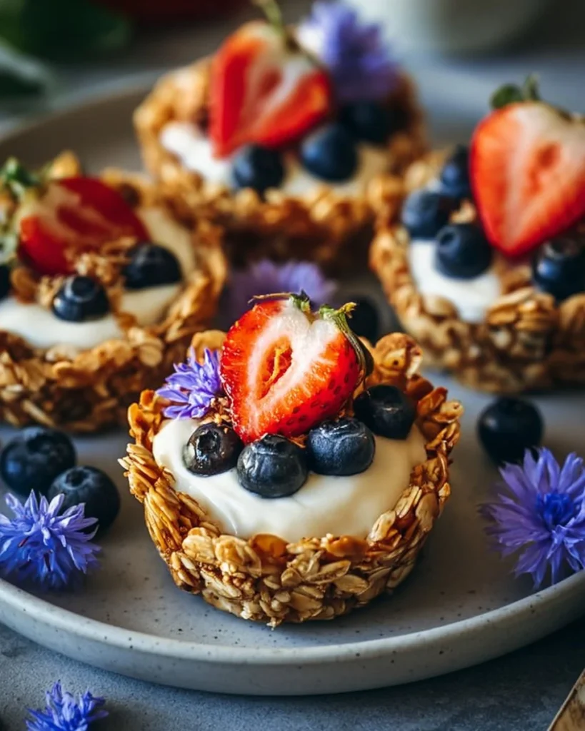 Granola breakfast tarts topped with fresh fruit and yogurt