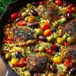 Delicious Greek Chicken served with orzo and fresh vegetables