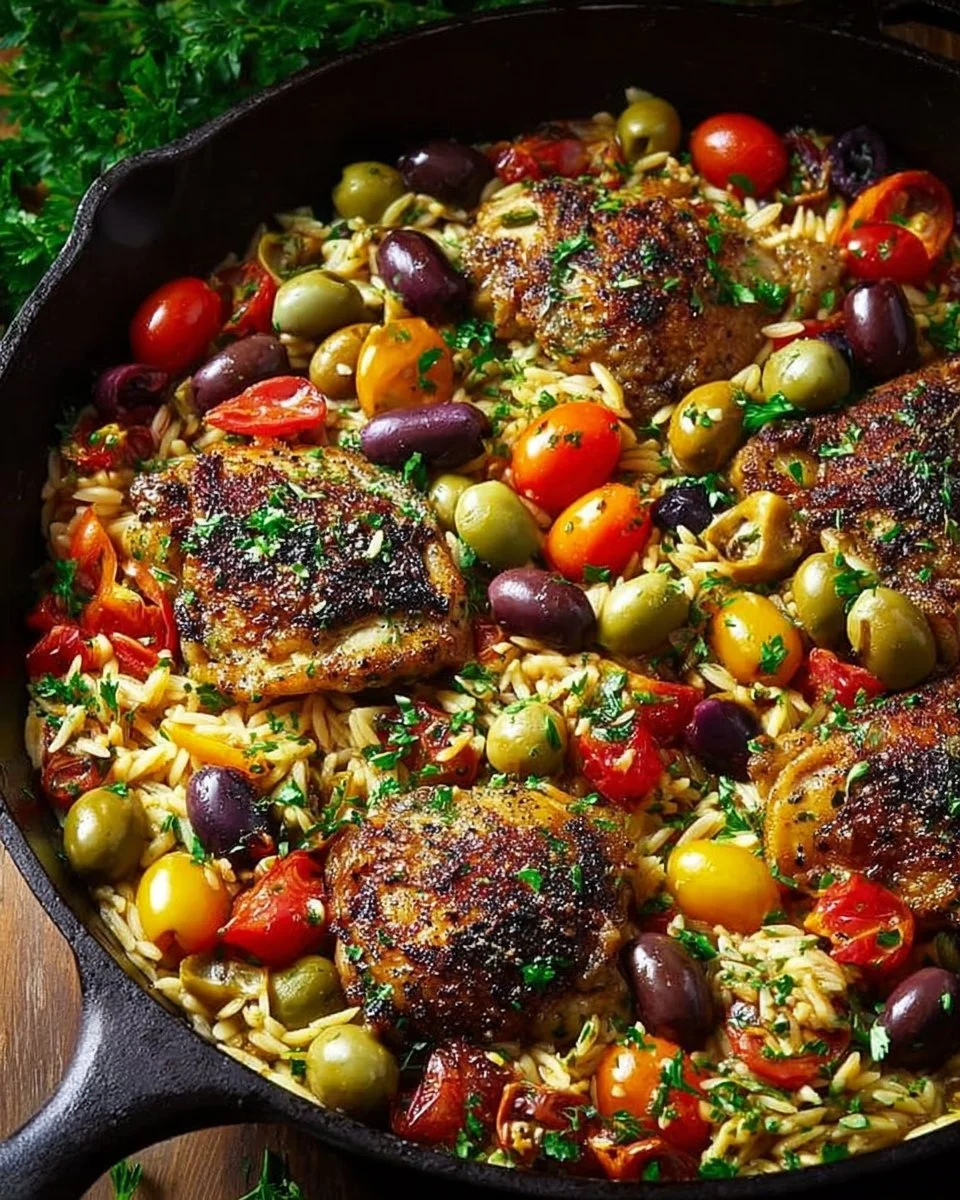 Delicious Greek Chicken served with orzo and fresh vegetables