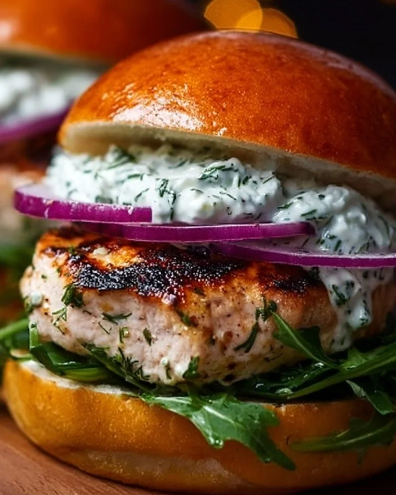 Delicious Greek chicken burgers with fresh tzatziki sauce on a plate