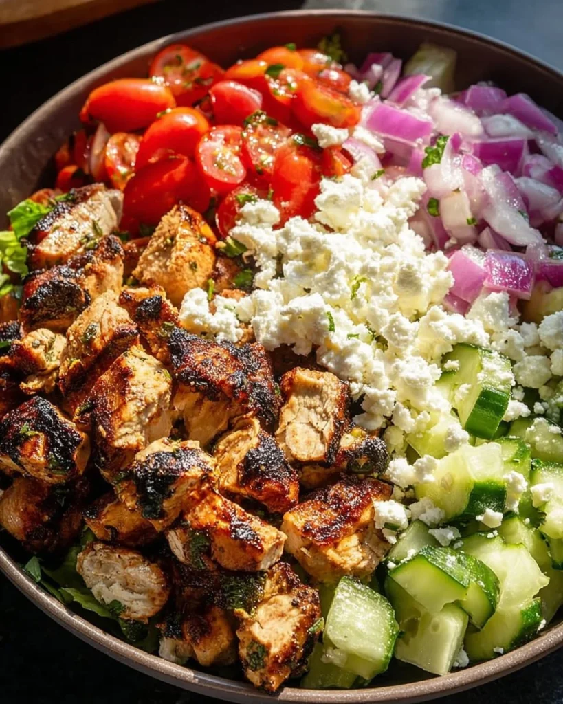 Delicious Greek Chicken Gyro Bowl with fresh veggies and flavorful chicken