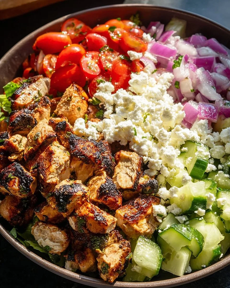 Delicious Greek Chicken Gyro Bowl with fresh veggies and flavorful chicken