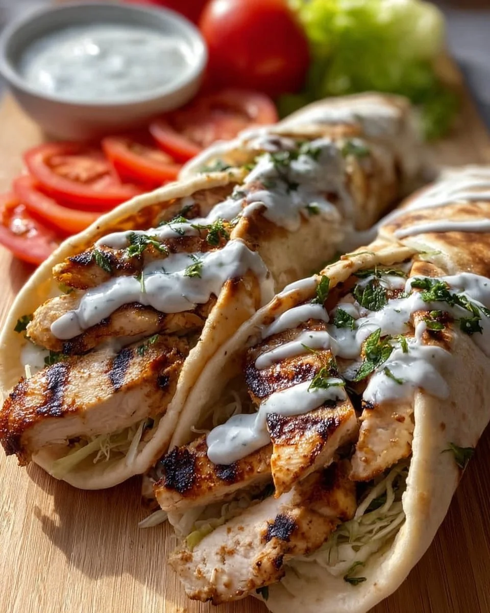 Delicious Greek Chicken Gyros with fresh vegetables and tzatziki sauce