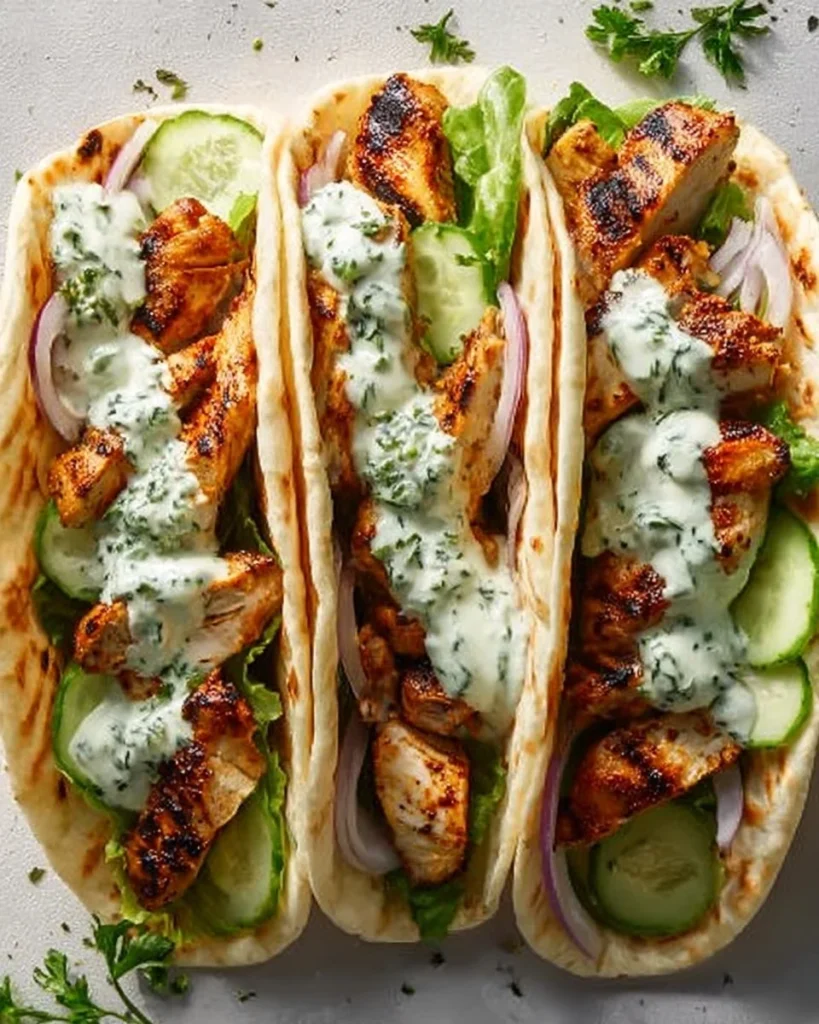 Greek Chicken Gyros served with cucumber tzatziki sauce