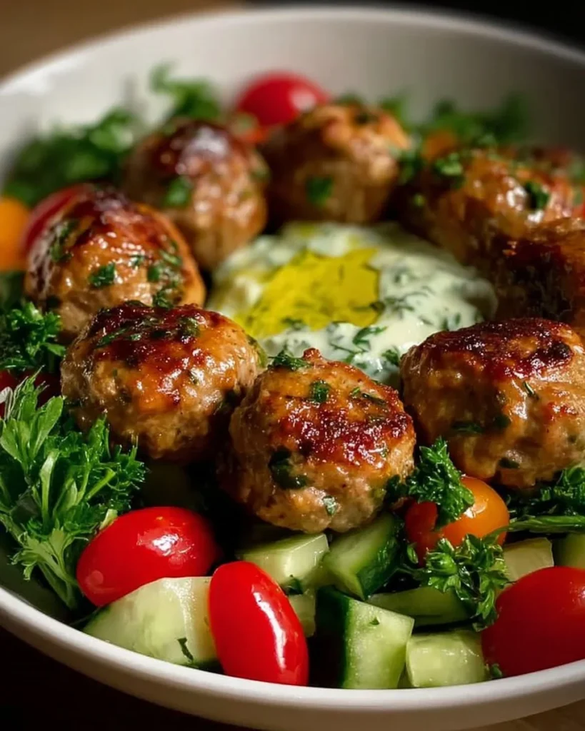 Plate of Greek chicken meatballs with homemade tzatziki sauce garnished with herbs