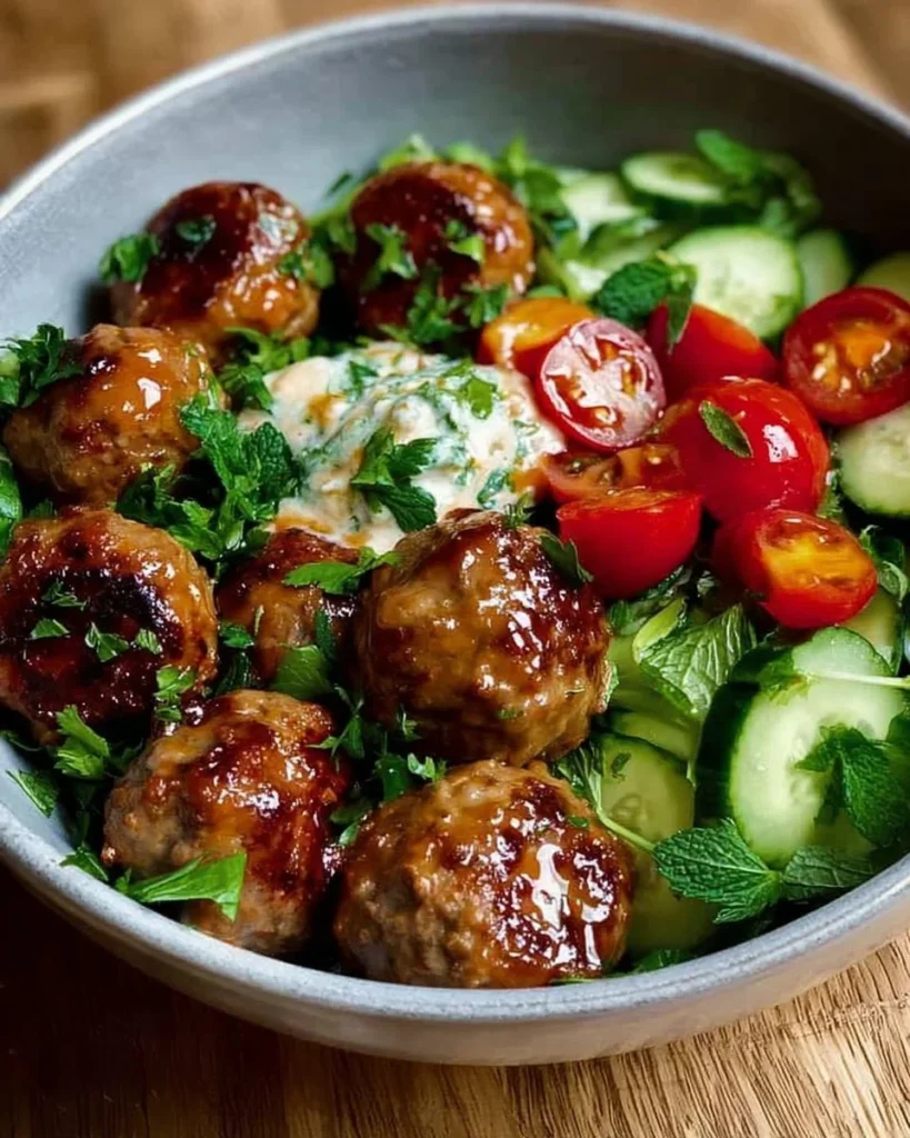 Plate of Greek chicken meatballs served with tzatziki sauce