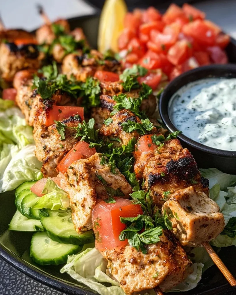 Greek chicken skewers served with tzatziki sauce on a plate