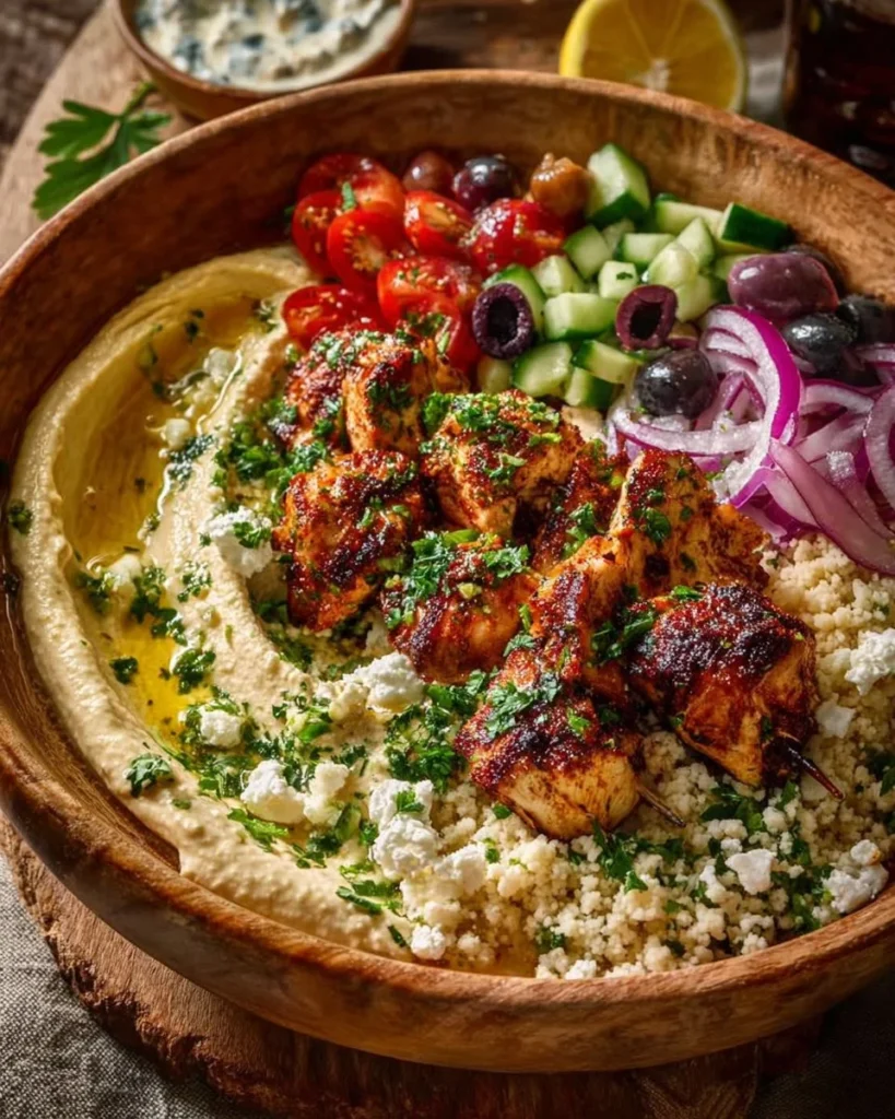 Greek Chicken Souvlaki Bowl with Hummus served with vegetables and garnishes.