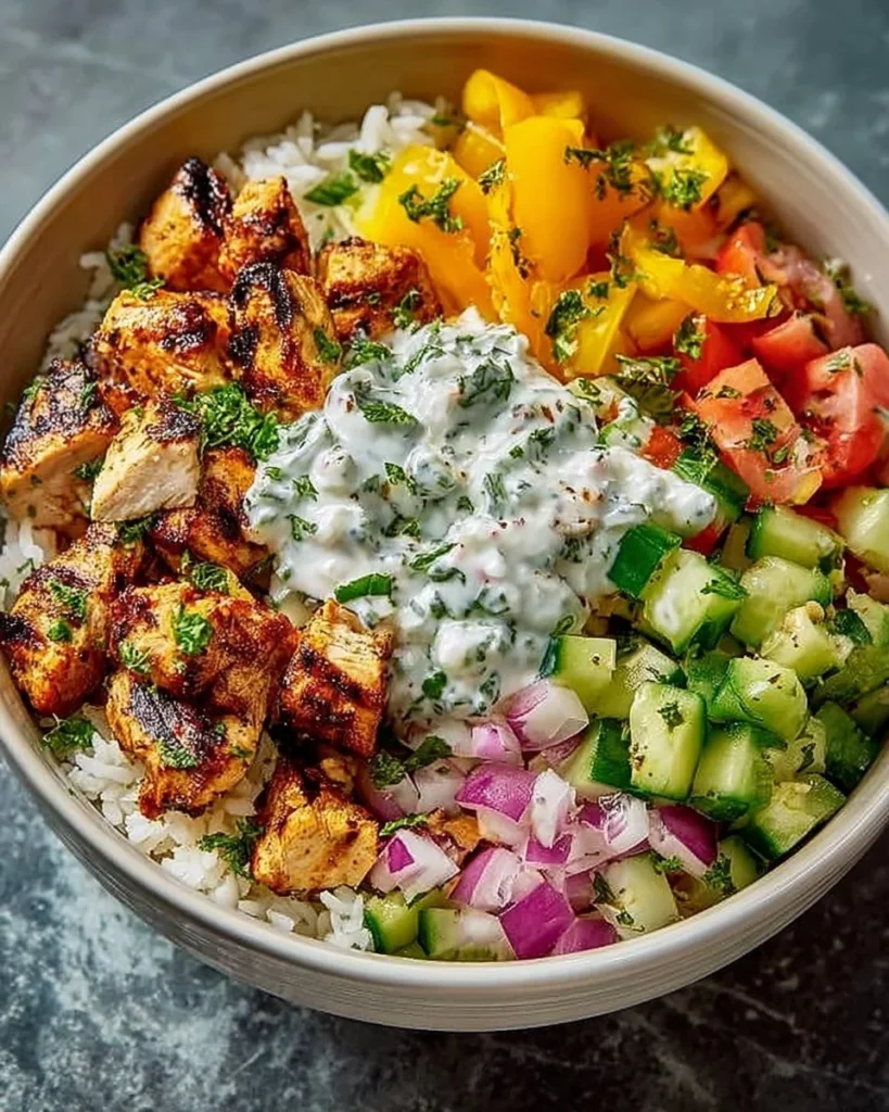 Delicious Greek Chicken Tzatziki Bowl with fresh ingredients and tzatziki sauce