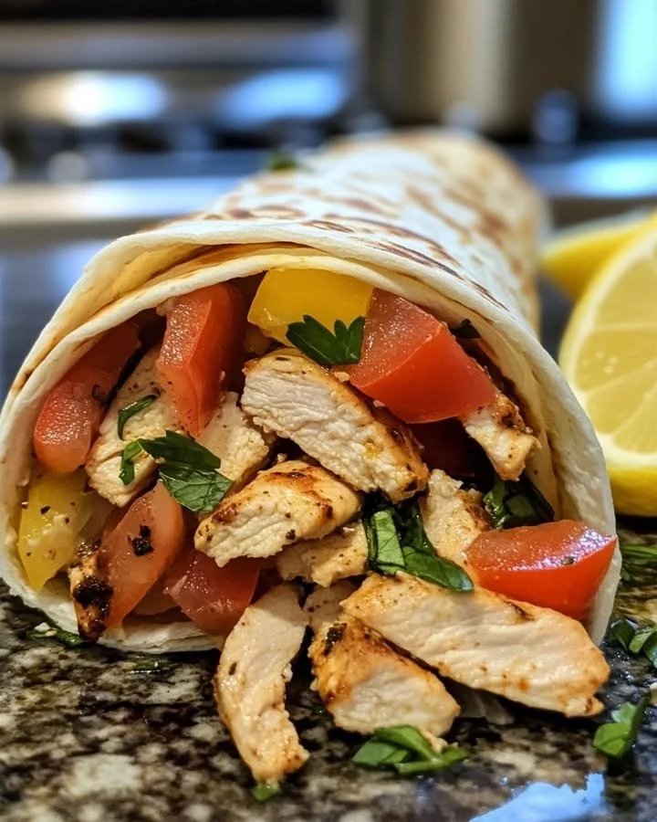 Delicious Greek Chicken wrap with fresh vegetables and tzatziki sauce