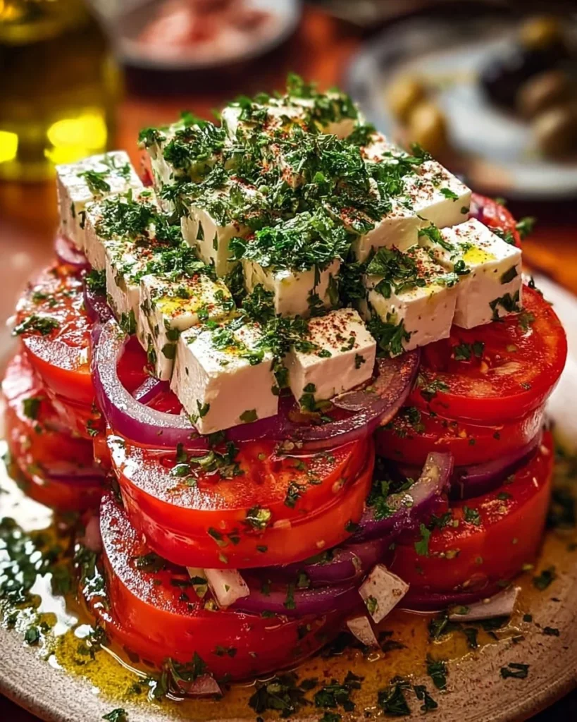 Delicious Greek Feta Salad Tower with fresh vegetables and creamy feta cheese