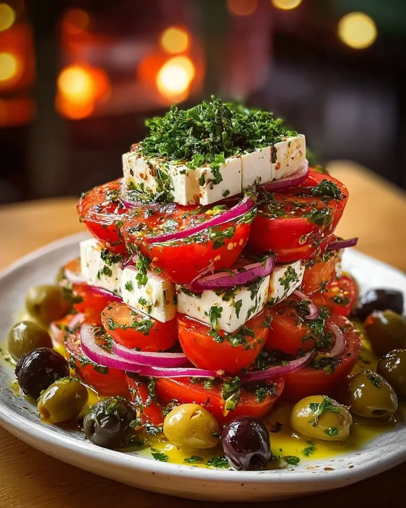Greek Feta Salad Tower with fresh vegetables and creamy feta cheese