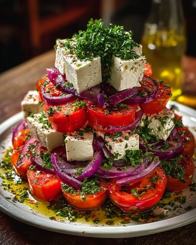 Greek Feta Salad Tower with fresh vegetables and feta cheese