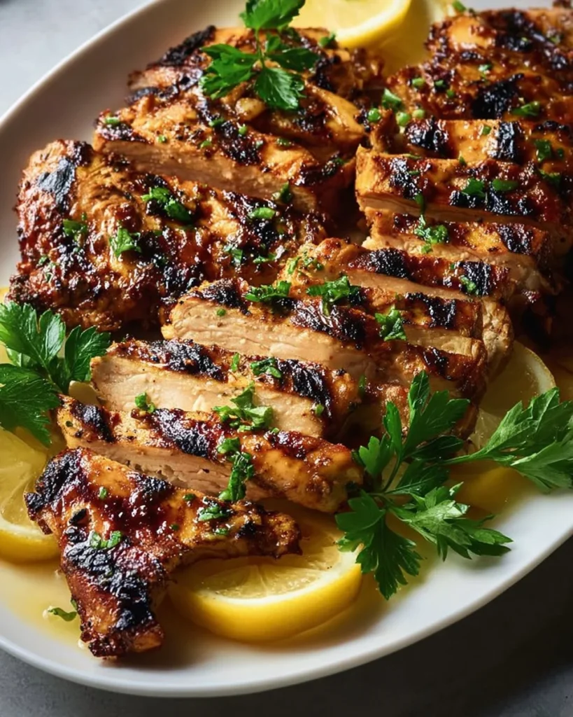 Delicious Greek Lemon Chicken served with fresh herbs and lemon wedges.