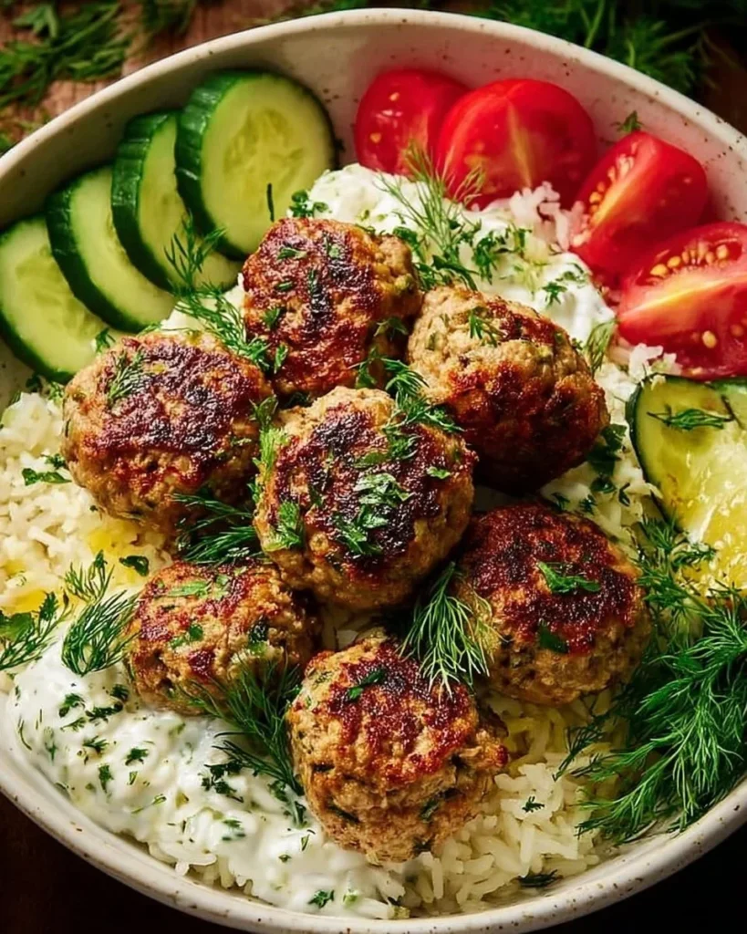 Greek Meatball Bowl with tzatziki, rice, and fresh vegetables served in a bowl