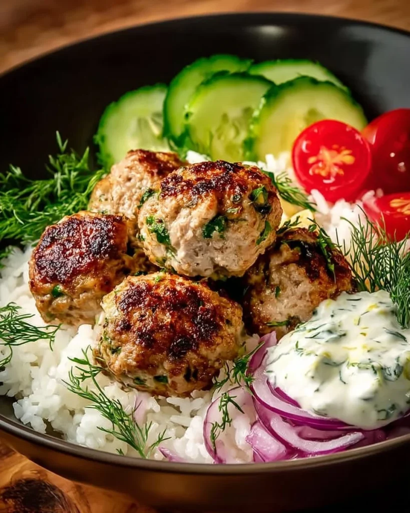 Greek Meatball Bowl with tzatziki, rice, and fresh vegetables