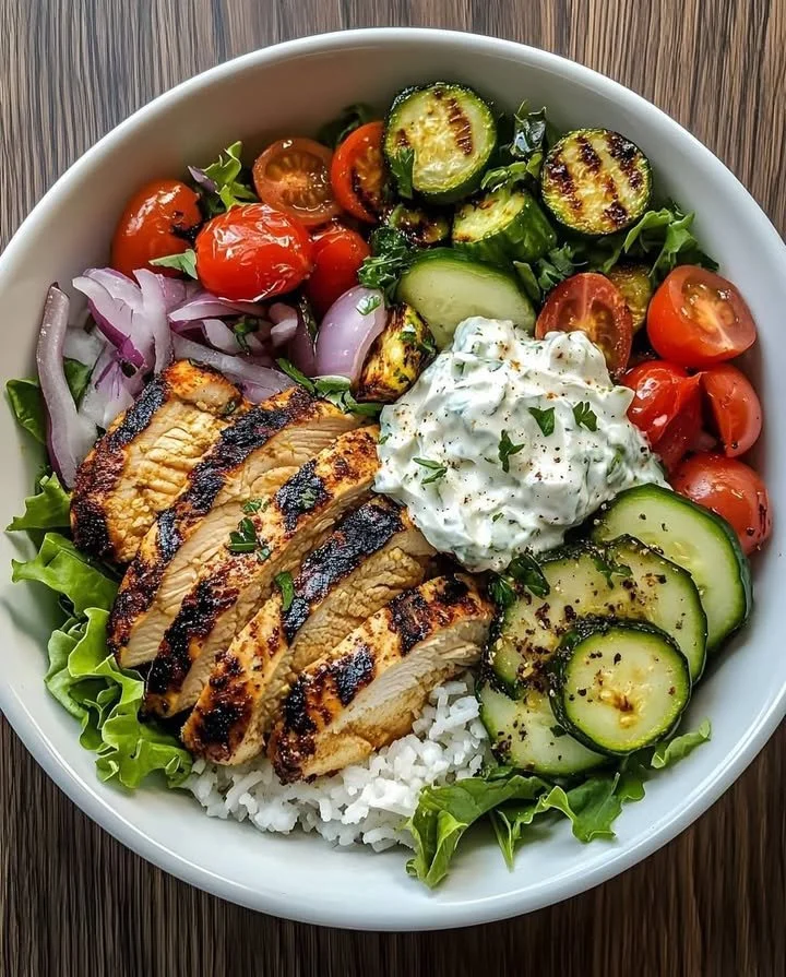 Greek Mediterranean Chicken Bowl with fresh vegetables and herbs