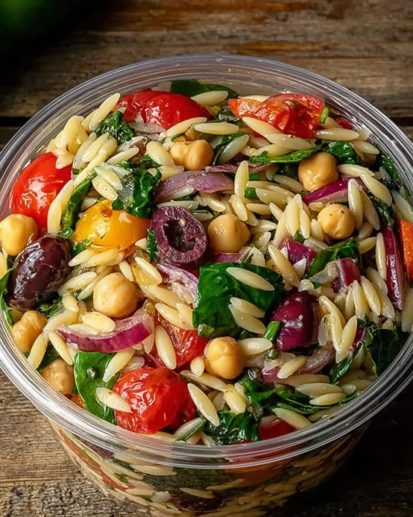 Delicious Greek Orzo Salad with vegetables and feta cheese