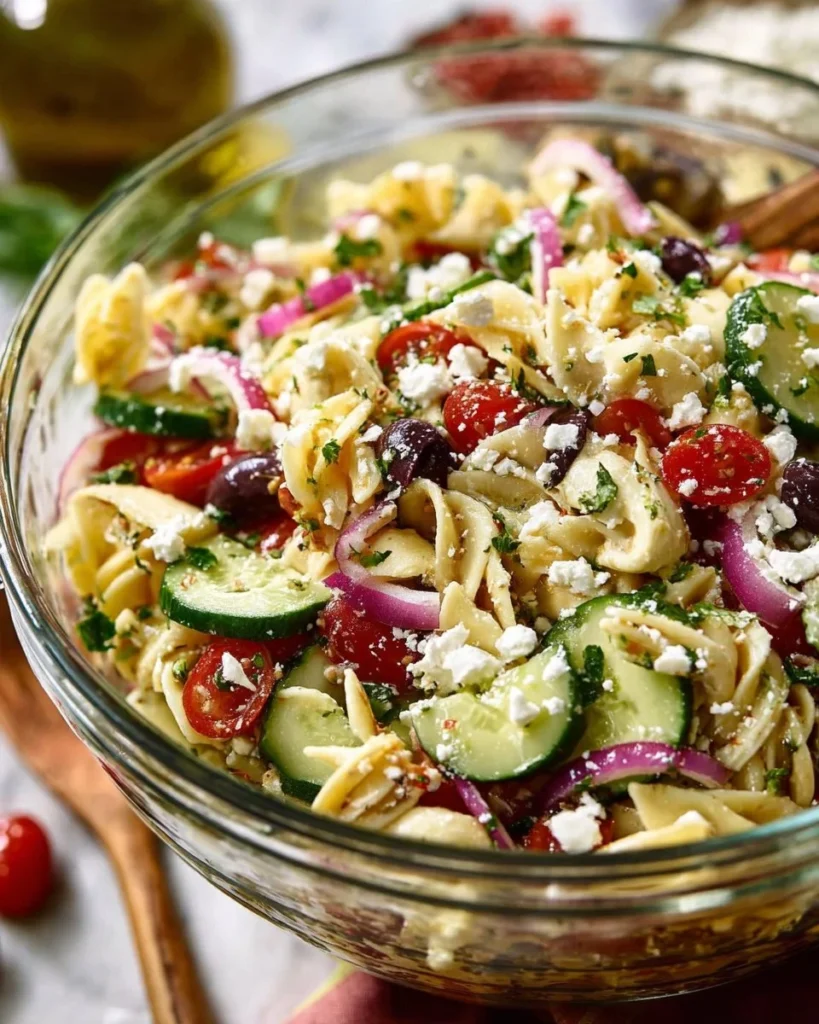 Bowl of colorful Greek pasta salad with olives, feta, and cherry tomatoes