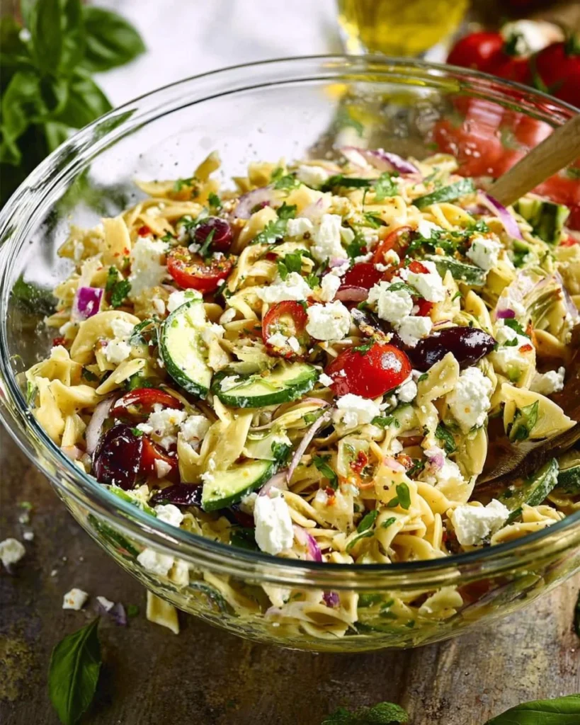Delicious Greek Pasta Salad with olives, feta, and fresh vegetables