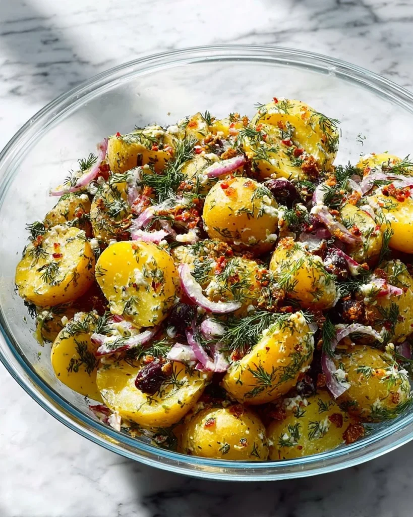 Delicious Greek Potato Salad with herbs, olives, and feta cheese.