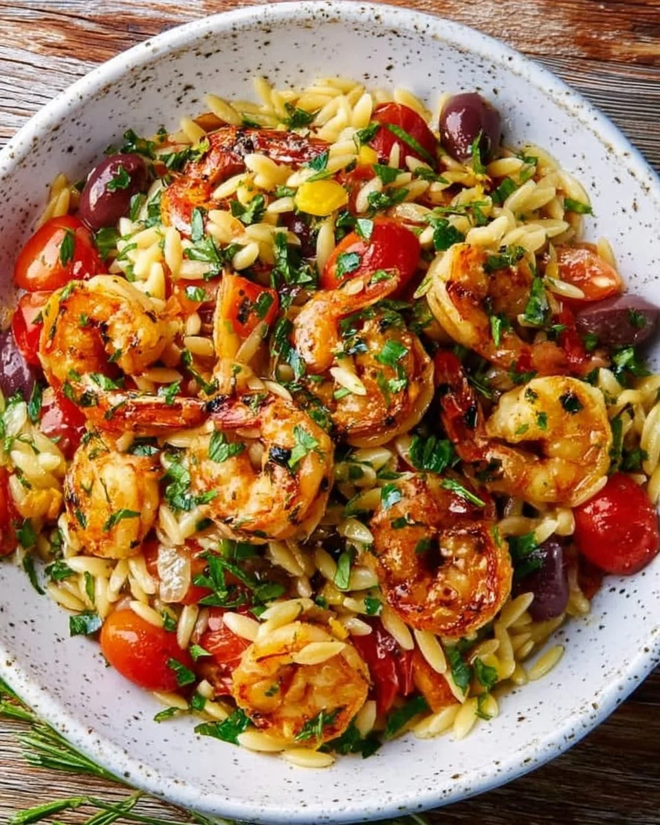 Greek shrimp orzo dish with feta cheese, olives, and tomatoes on a plate