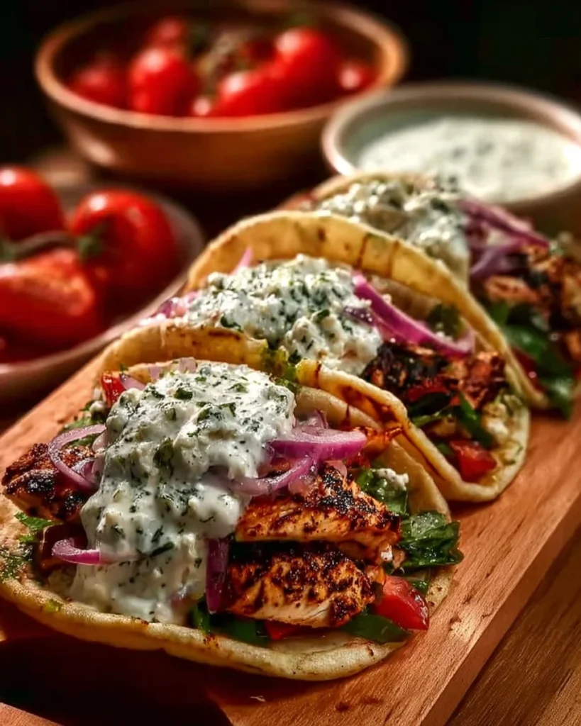 Greek-style chicken gyros with homemade tzatziki sauce on a pita