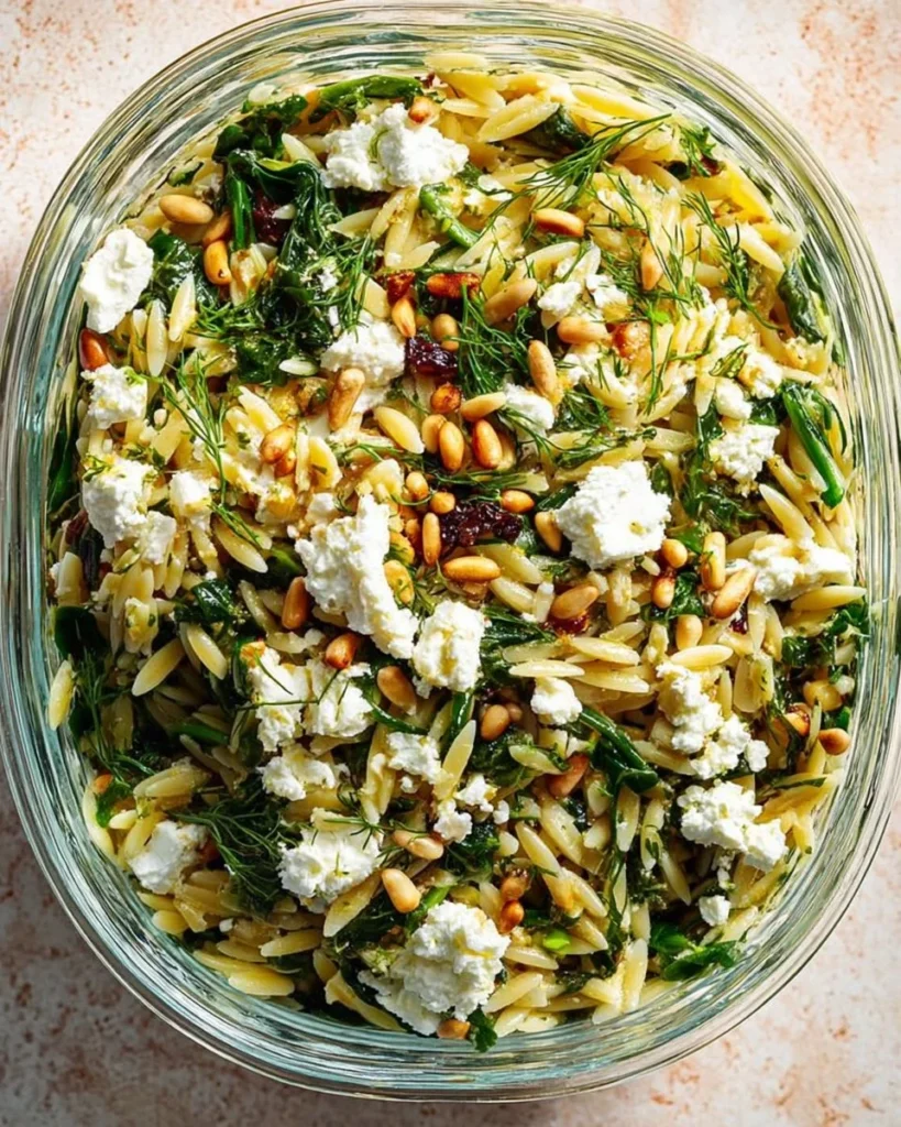 Delicious Greek Style Orzo Salad with fresh vegetables and herbs