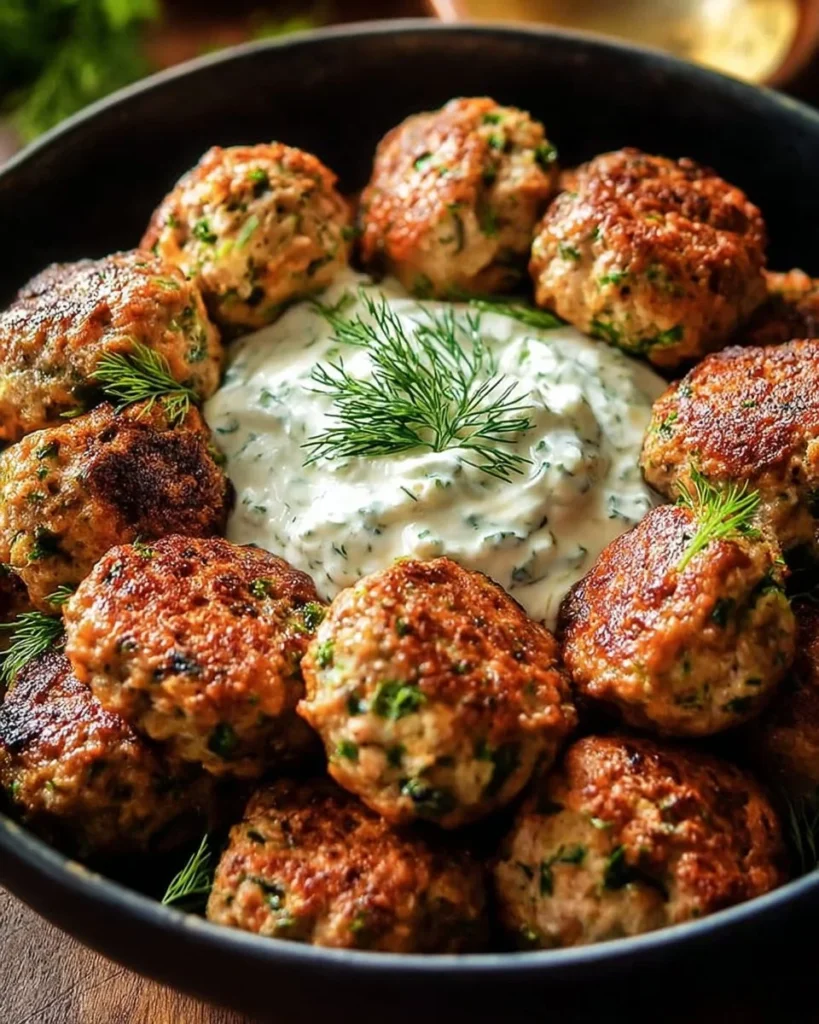 Greek turkey meatballs served with tzatziki dip on a plate