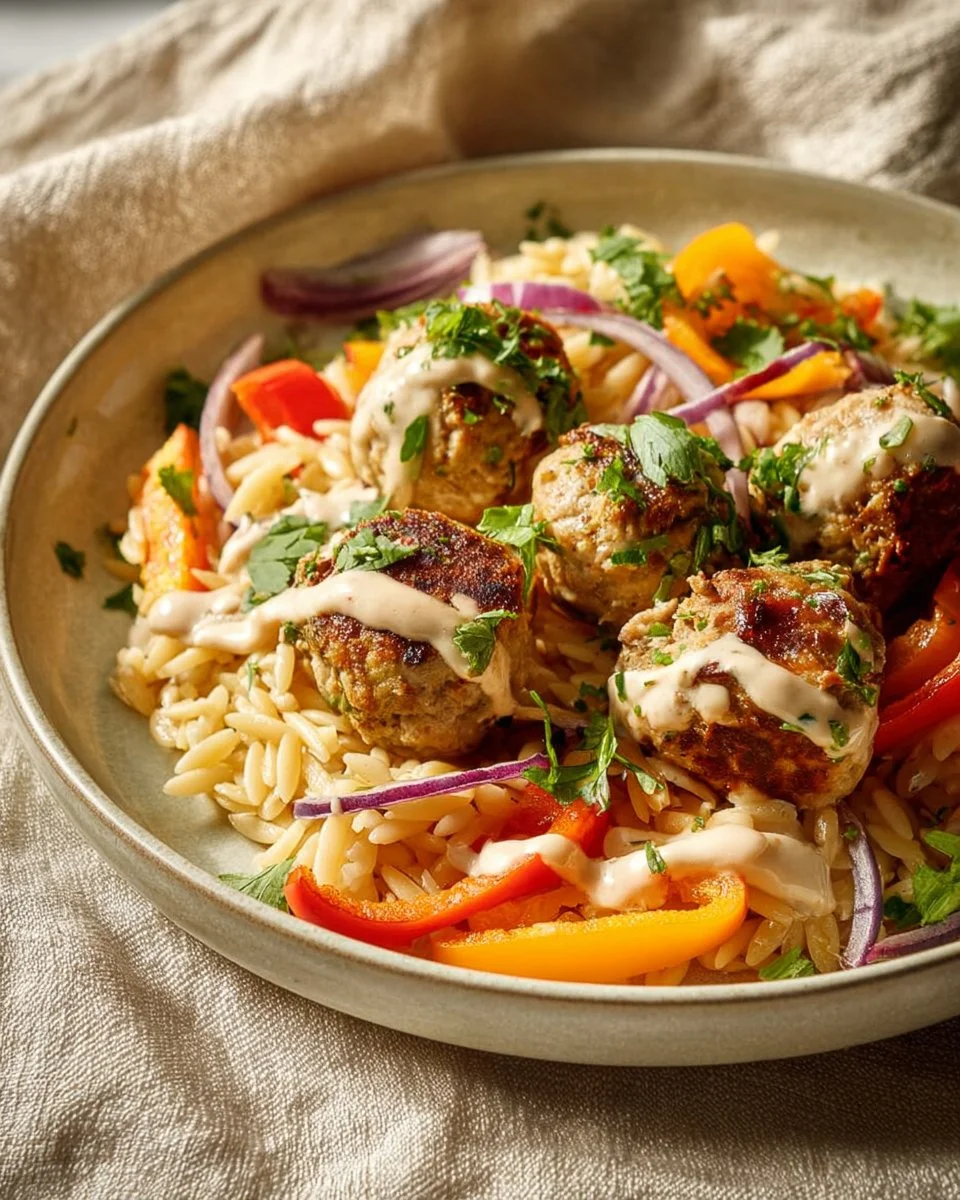 Greek turkey meatballs served with orzo and feta sauce in a bowl.
