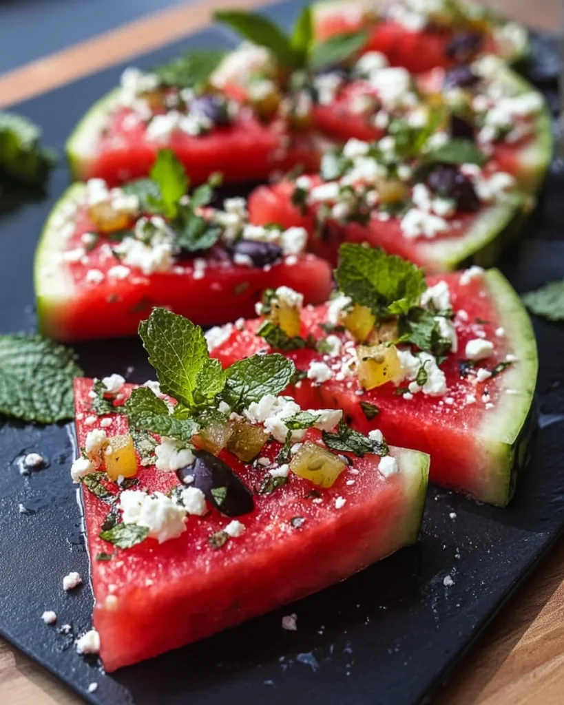 A delicious Greek Watermelon Pizza with feta, mint, and olives on a slice of watermelon.